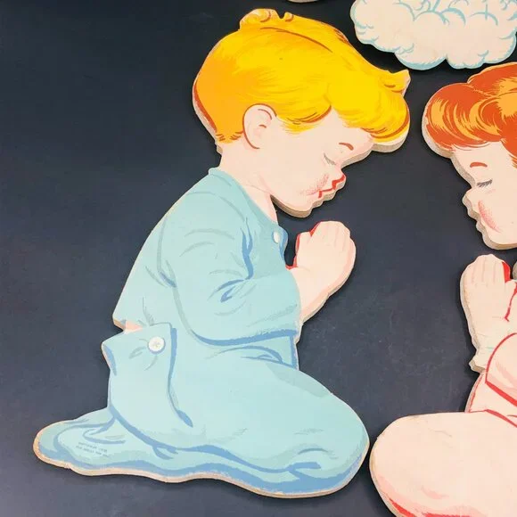 50s Dolly Toy Co Praying Kids Pressed Cardboard Wall Hangings Set Vintage Kitsch - Picture 2 of 14